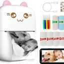 Mini Printer Portable, Inkless Sticker printer with 8 Rolls Paper, Bluetooth Wireless mini thermal printer Compatible with iOS + Android for Journal, Memo, Photo, Print Pod Gifts for Girls Kids (Pink)