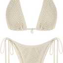 ZAFUL Women's Triangle Bikini Multiway Fishnet Tie Side Bandeau Halter String Bikini Set Two Piece Swimsuit Bathing Suits (S)