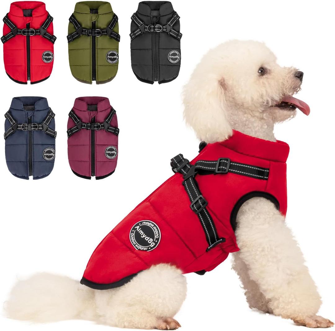 Warm Dog Winter Coat, Fashion Pet Cold Weather Jacket with Built-in Harness, Reflective & Adjustable Comfortable Pet Vest, Windproof Apparel for Small Medium Large Dogs (Red)