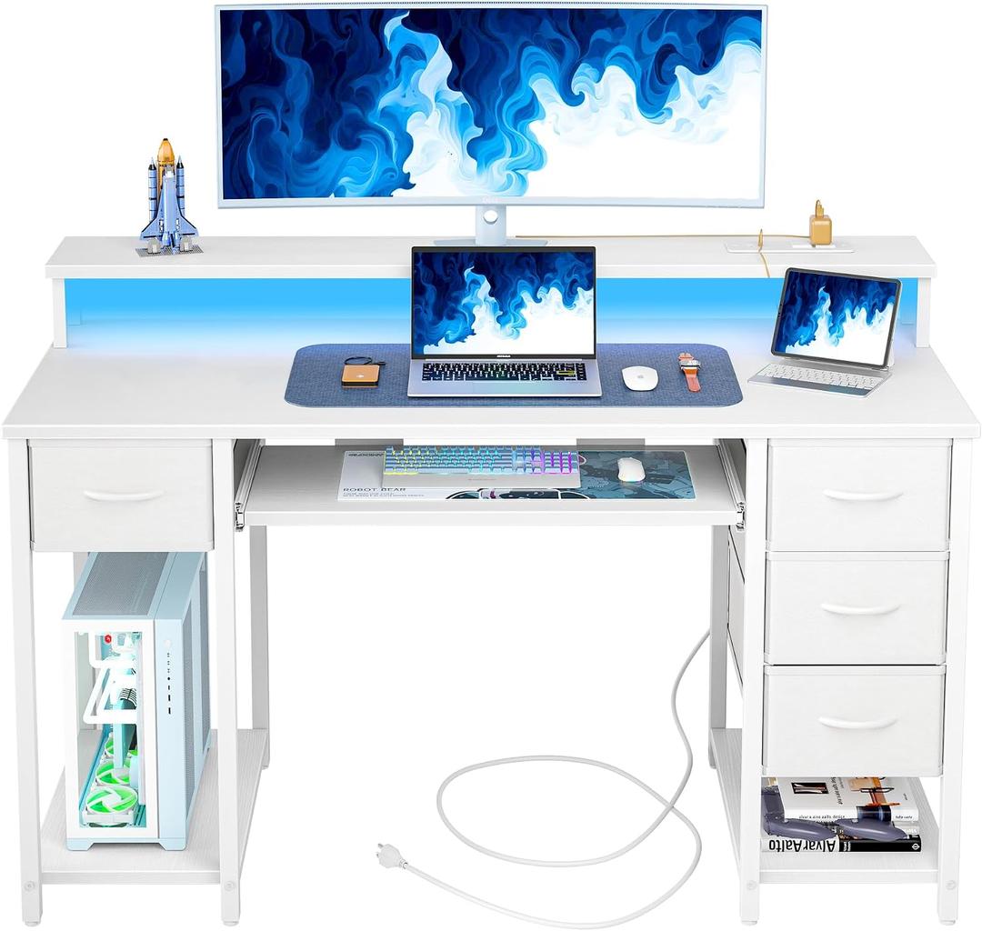 TIQLAB Computer Desk with Drawers and Power Outlets, 47 Inch Gaming Desk with LED Lights, Home Office Desk with Monitor Stand and Keyboard Tray, Study Writing Work Desk for Home Office, White