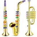 Lewtemi Set of 3 Saxophone for Kids Musical Instruments Toy Saxophone Toy Trumpet and Clarinet with 8 Colored Coded Keys Teaching Songs Gifts for Toddlers Children(Gold)