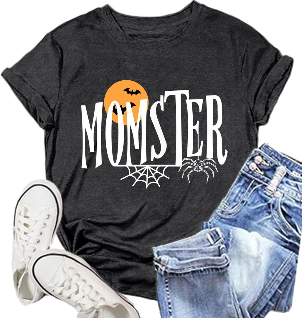 Halloween Momster T-Shirt for Women Funny Spider Bat Tee Mom Ster Letter Print Tee Tops (X-Large, Grey)