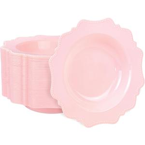 COLOSUS Pink Plastic Party Bowls (60 Pack) 12 Oz Disposable Soup/Salad Bowl, Fancy Shatterproof Dinnerware for Easter, Catering, Holidays, Weddings, and Everyday Use