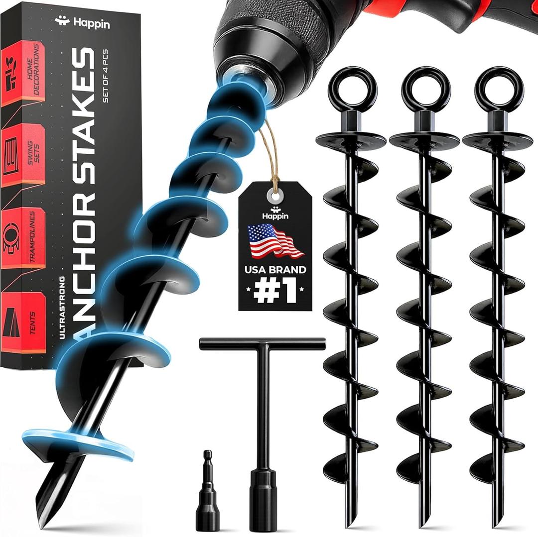 Happin Trampoline Stakes, Trampoline Accessories, Ground Stakes Heavy Duty, Ground Anchors Screw in, Rebar Stakes, Tent Anchors, Yard Spikes, Galvanized Steel (4 Pack Spiral, Black) 15 In x 8mm, Sprial – 4 Pack