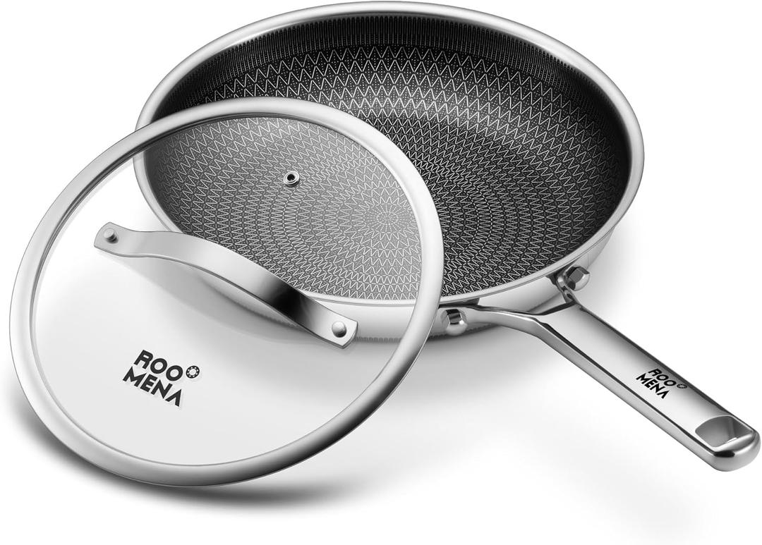 Roomena Non Stick Frying Pans Hybrid Ceramic With Lid, 12 Inch Tri-Ply Stainless Steel Skillet, Non-Toxic, PFAS/PFOA/PTFE Free, Metal Utensil Safe, Dishwasher & Oven Safe,Induction Compatible