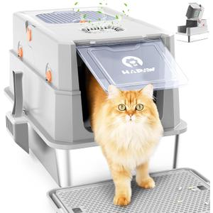 Stainless Steel Litter Box with Lid, Anti-Leakage Enclosed Metal Litter Box, Flip-Top Extra Large Kitty Litter Pan with Scoop & Pedal, Odor Free, Front & Top Dual Entry, Light Gray