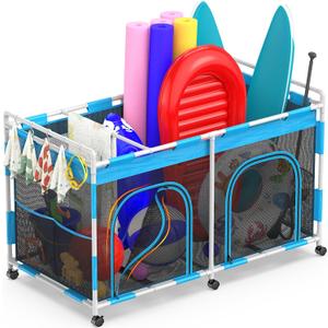 Pool Float Storage Organizer - 288 Gallon XXX-Extra Large Capacity Pool Toy Storage Bin for Noodles, Goggles, Floats & Balls - Outdoor Pool Toy Holder with Mesh Rolling Cart for Swimming Equipments