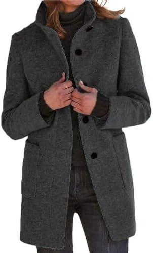 CHARTOU Women Winter Long Pea Coat Wool Blend Stand Collar Single Breast Thicken Blazer Jacket, Size: XL