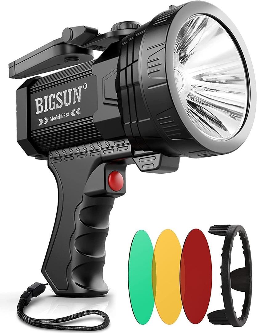 BIGSUN Q953 Rechargeable LED Spotlight, High Lumens 1600000 Flashlight with 10000mAh Battery & COB Floodlight Outdoor Search Light for Camping,Hunting,3Color Lens
