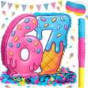 67 Themed Ice Cream Drip Piata Six Seven Birthday Party Supplies Ice Cream Drip Pinata Bundle with Blindfold Stick and Confetti for Birthday Summer Party