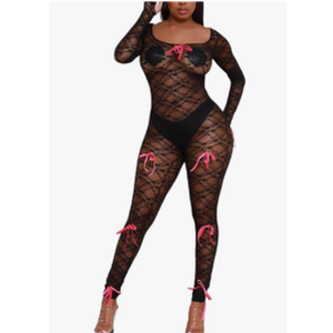 hibshaby Sexy Mesh Black Leopard Jumpsuits for Women Bodycon Outfits Streetwear Rompers Bow Black