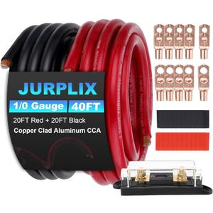1/0 Gauge Wire 1/0 Battery Cable (20FT Red+20FT Black), Copper Clad Aluminum CCA Amp Wiring Kit with 250A ANL Fuse Holder, Lugs Terminal Connector & Heat Shrink Tube for Car Audio Speaker, Marine