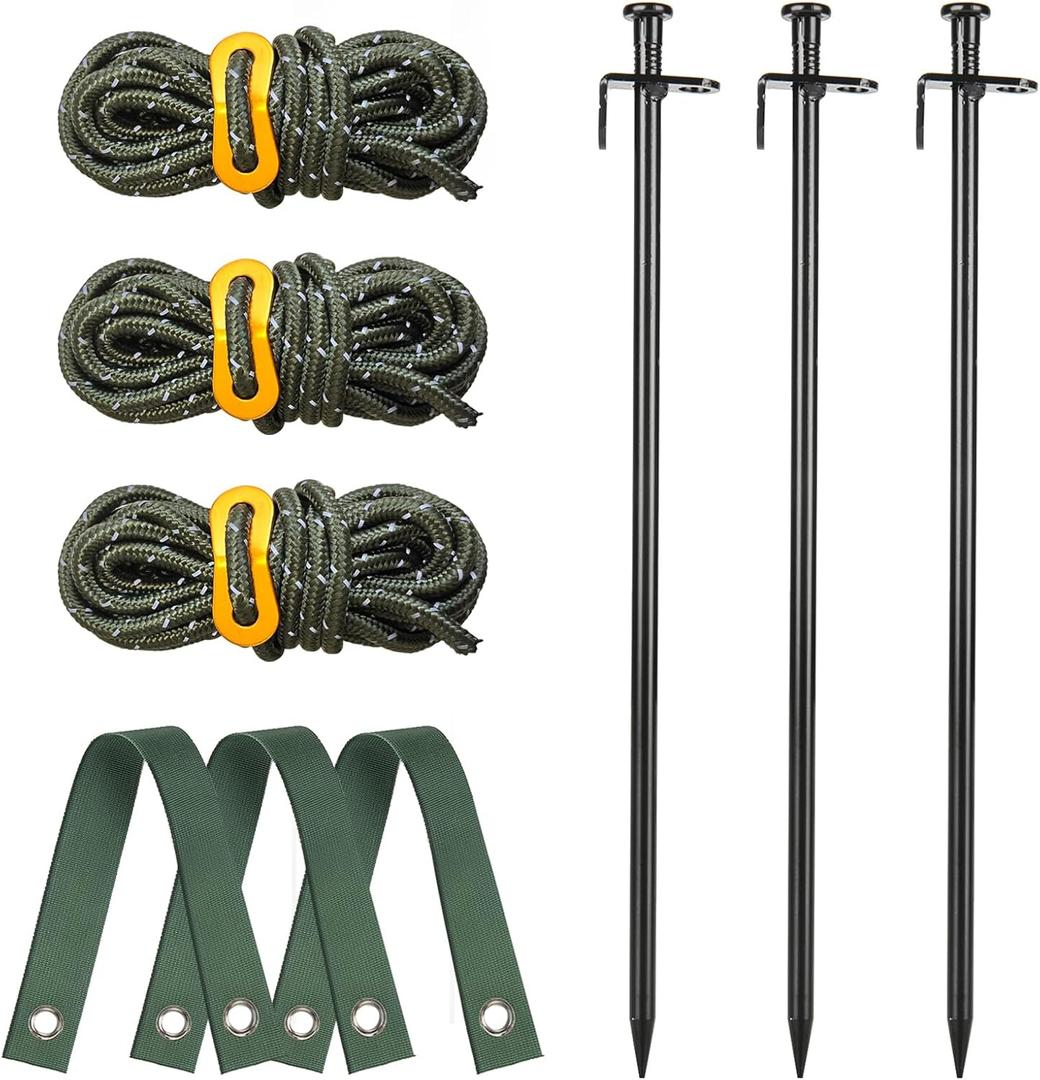 Tree Stakes and Supports, Fetanten Tree Stake Kit with Tree Straps and Rope in Outdoor Yard, 3 PCS 15.8 Inch Heavy Duty Steel Tree Stabilizer Ground Anchor Protect Leaning Tree Straightening (Black)