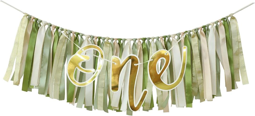 Green Ribbon Tassel Garland Fabric Tassel Banner for Gender Neutral One Baby Shower Photo Booth Birthday Decoration