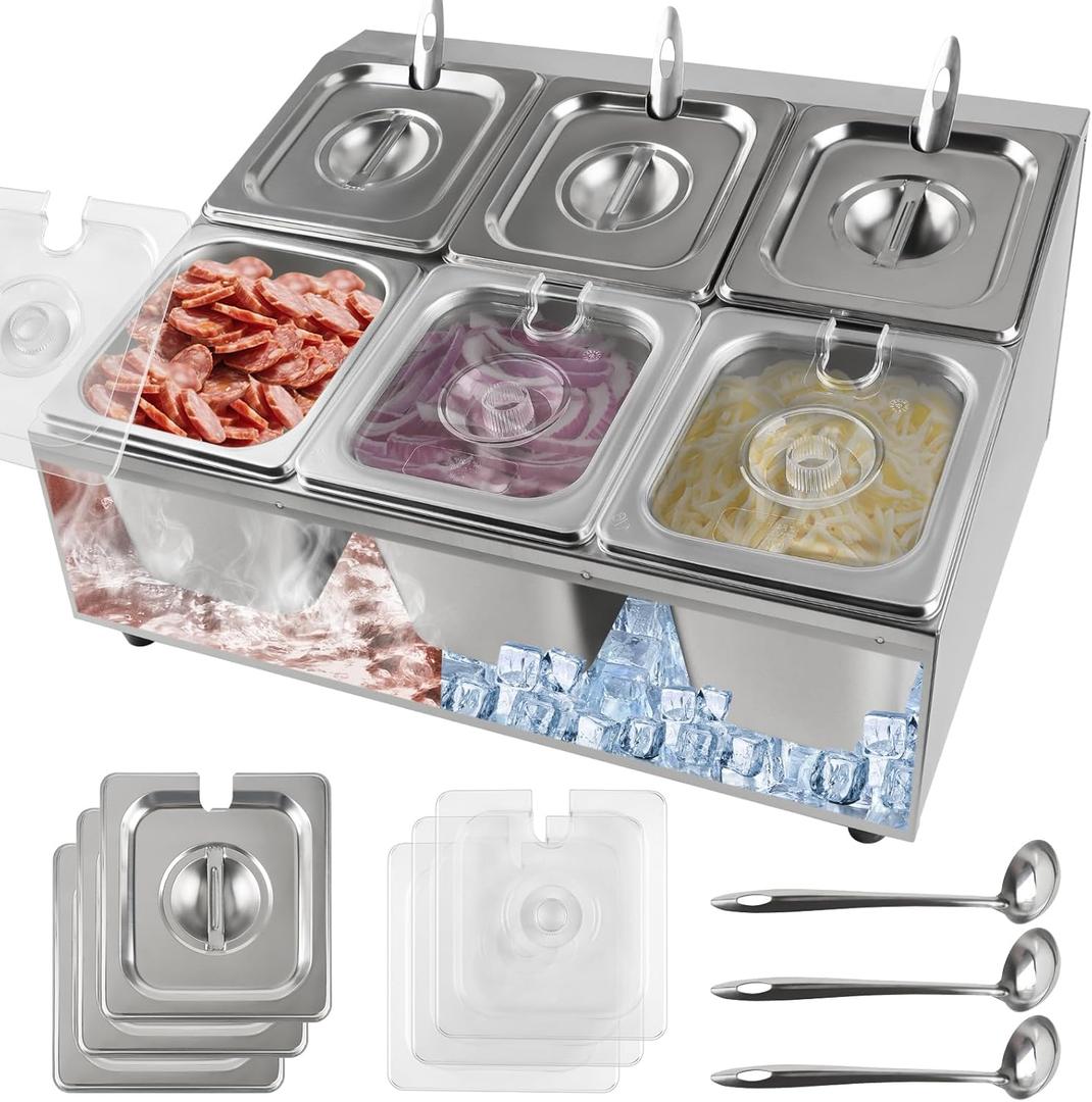 Kalolary 6 Pans Pizza Topping Storage Station, Stainless Steel Condiment Containers with Lids Spoons Ice Food Serving Display Container Salad Bar Buffet Station for Home Sauce Jam Kitchen Restaurant
