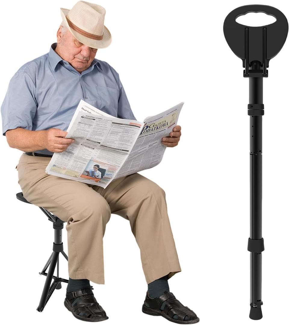 Walking Cane with Seat 34"-37" Adjustable Walking Stick Holds 550lbs Folding Chair Seat Portable Lightweight Aluminum Mobility Aid with Carry Bag for Elderly Handicap Waiting/Queuing/Fishing, 34.3"-37.4"