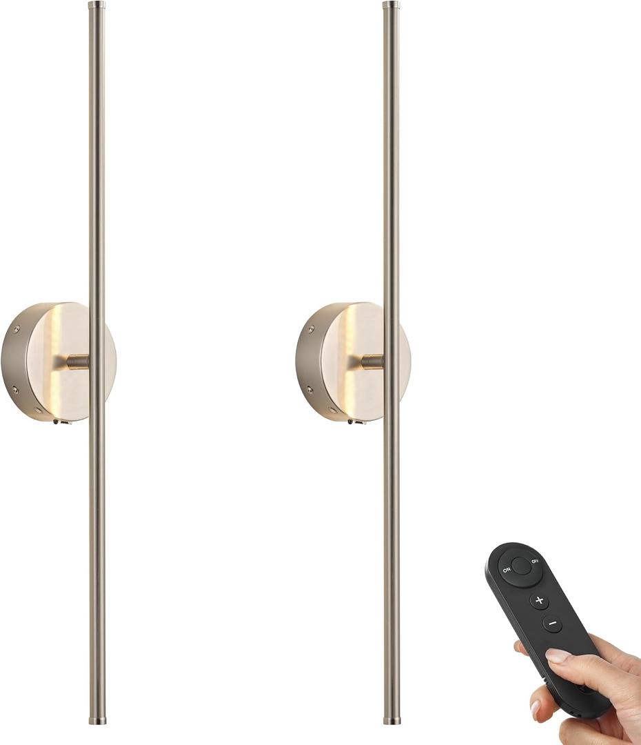 KARTOOSH Battery Operated Wall Sconces with Remote Control, Dimmable Wall Sconces Set of Two, 350Rotate, 3000K LED Nickel Wireless Wall Light for Living Room,Bedroom, Hallway, 28.3 Inch (2 Pack)