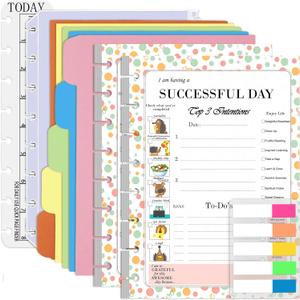 Rancco Discbound Junior Daily Planner Refills, 180 Pages 8 Disc Punched Half Letter Paper Inserts w/Index Tabs, Binder Dividers, Loose-Leaf Bag, Ruler For Circa, Arc, TUL, Happy Planner, 5.5x8.5" (Successful Day)