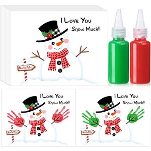 Fullhawl 24 Pcs Snowman Handprint Greeting Card Art Crafts Kit Washable Ink DIY Christmas Handprint Card Souvenir Art Set for Winter Party Handmade Gift