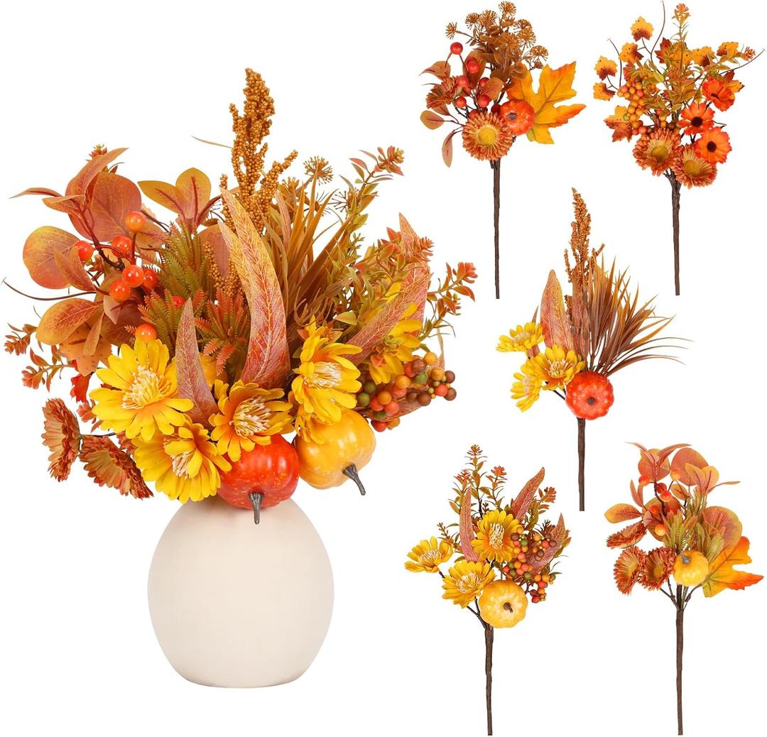 PurpleSwan Fall Decor, 5PCS Artificial Autumn Pumpkin Plant Floral Stems Decorations, for Home Weeding Vase Arrangement Harvest Thanksgiving Holiday Branches Indoor Decor.