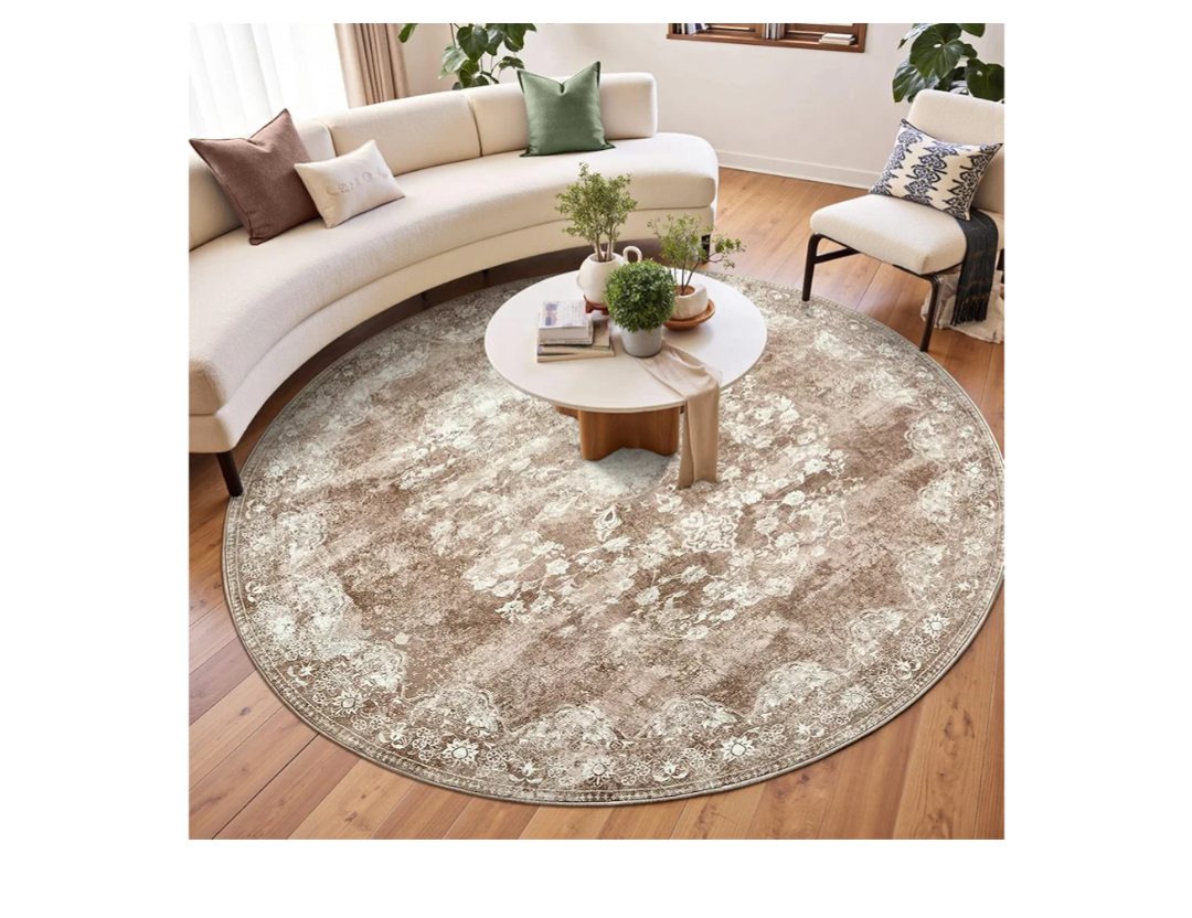 jinchan Round Rug 7ft Area Rug - Brown Vintage Floor Mat Kitchen Indoor - Washable Circle 7' Thin Floral Print Carpet Retro Farmhouse Non Slip Dining Room Living Room Bedroom Office