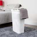 Mind Reader Slim Laundry Hamper with Lid, 40L Clothes Basket, Narrow Tapered Design with Ventilated Cutout Pattern, Plastic, Set of 2, White