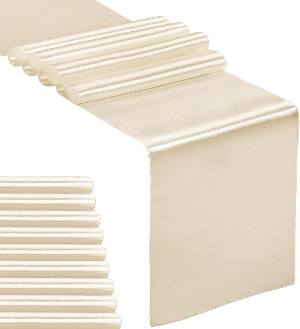 10-Pack Satin Table Runner Champagne 12 x 108 inches Long, Table Runners for Wedding, Birthday Parties, Banquets Decorations10 Pack, 12x108 Inch, Champagne