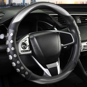 PU Leather Car Steering Wheel Cover with Anti-Slip Grip, for Women and Men, Universal Fit for 14.5-15 Inch Cars, Trucks, SUVs (Gray (Round), Medium(Standard) Size[14 1/2''-15''])