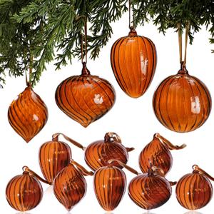 VitalCozy 12 Pcs 3.15 Inch Glass Christmas Ball Ornaments Large Vintage Hand Blown Hanging Glass Balls Retro Xmas Tree Finials Ornament for Home Christmas Tree Party Holiday Wreath Decor (Amber)