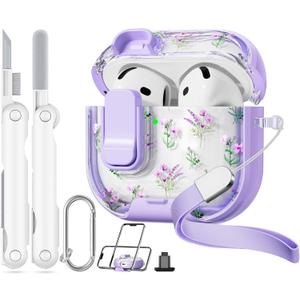 with Safety Lock for Apple AirPods 4 Case,Clear Floral Cute AirPod 4th Generation Case with Phone Stand & Cleaning Kit for Women Girly-Purple Narcissus