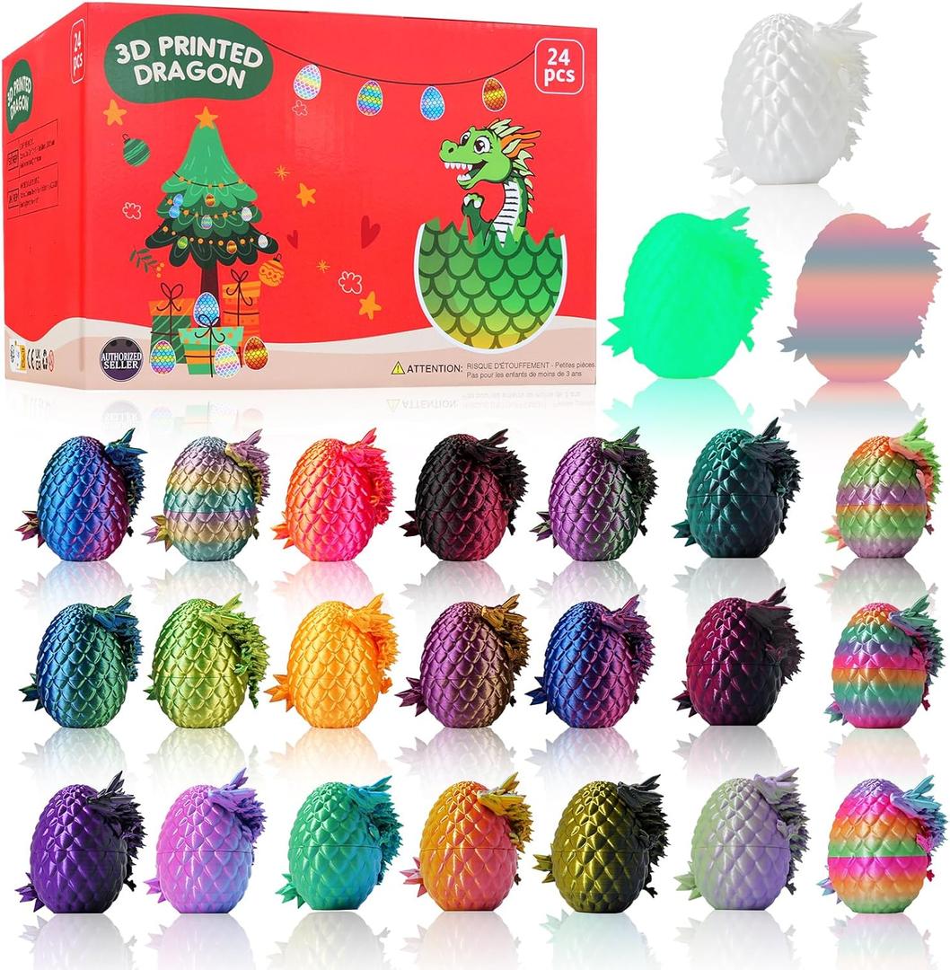JOMBY 24PCS 3D Printed Dragon Eggs with Dragon Inside, Prefilled Easter Dragon Egg with Dragon Toy for Basket Stuffers, Fidget Toy for Adults Teens Boy Birthday Gifts Cool Easter Basket Stuffers (24-piece Color Set)