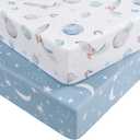 Baby Crib Sheets for Boys and Girls, Fitted Crib Sheets 52" x 28", Soft Breathable Microfiber Sheets for Standard Crib and Toddler Mattress, 2-Pack Blue Rocket