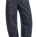 GRAPENT Barrel Jeans for Women Trendy High Waisted Pull On Wide Leg Cropped Leopard Cheetah Print Stretchy Denim Pants (XX-Large)