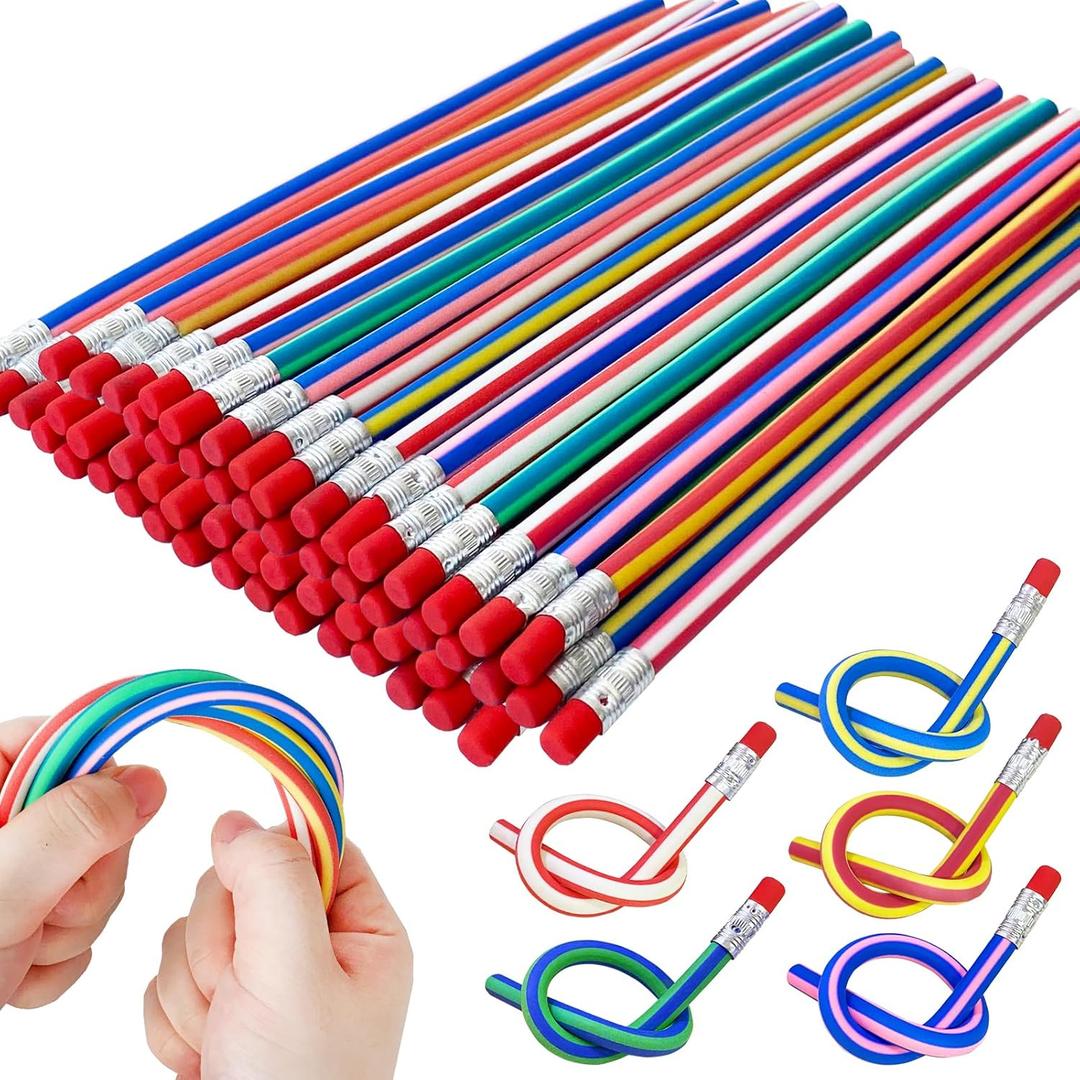 50 Pack Flexible Bendy Pencil,Colorful Stripe Soft Rubber Pencils with Erasers,Bendable Soft Pencil for Kids,Classroom Gifts,Goodie Bag Fillers