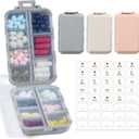 LANDNEOO 14 Grids Pill Organizer Box with Labels, Travel Medication Holder Dispenser Case Kit, Pocket Daily Pharmacy Container for Fish Oil Vitamin Supplement Storage, Khaki Pink Grey, 3 Pack