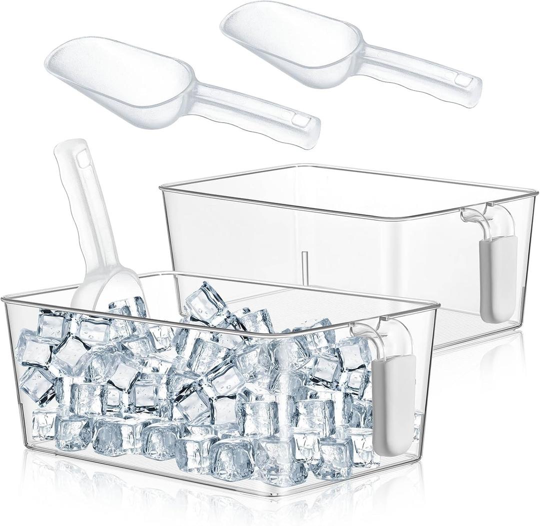 Havawish 2 Set Ice Bin and Flexible Scoop Set Plastic Freezer Ice Bin with Pull out Handle Clear Storage Bucket for Container with Bucket Scoop (Grey,10.83 x 7 x 4.33 in) (Gray)