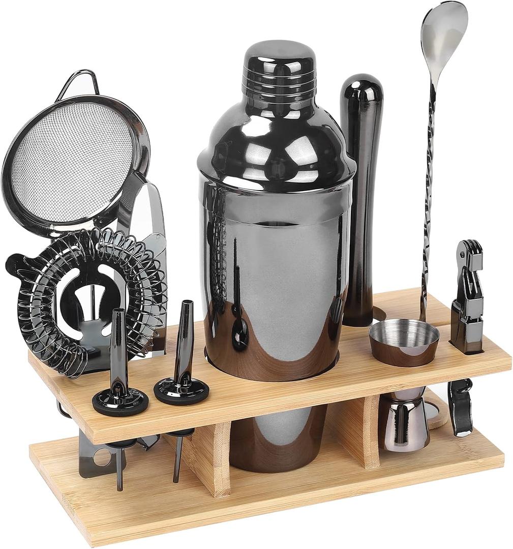 11Pcs-Cocktail Shaker Set Black Bartending Kit 25oz Cocktail Bar Set Cocktail Mix Drink Making Kit Professional Bar and Home Drink Bar Tools for BartenderGun-Metal Black