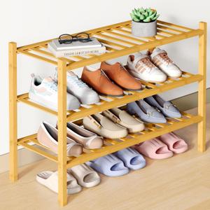 Smiry Bamboo Shoe Rack for Closet, 3 Tier Wooden Stackable Shoe Organizer, Free Standing Shoes Storage Shelf for Entryway, Front Door Entrance, Natural