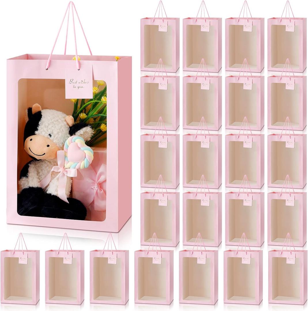 Yahenda 24 Pcs Graduation Gift Bags with Clear Window 13.8 x 9.8 x 5.9 Large Transparent Paper Flower Bouquet Bags Totes with Handle for Grad Wedding Birthday(Pink)