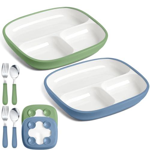 Teenyyou 2 Pcs 8.2" Large Kids Porcelain Plates with Silicone Sleeves Toddlers Divided Plates Extra Deep White Porcelain Dishes 2 Pack Spoons and Forks Set Microwave Dishwasher Friendly(Blue,Green)
