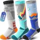 ANTSANG 3 Pairs Kids Merino Wool Ski Socks Boys Girls Thermal Thick Warm Winter Cozy Socks for Skiing Snowboarding (8-12 Years, Skate-green Blue Grey)