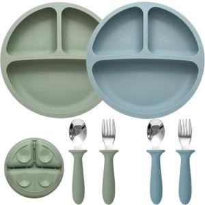Eascrozn Baby Feeding Set, 2 Pack Silicone Divided Suction Plates for Baby, 2 Pack Spoons and Forks Set, BPA Free, Baby Led Weaning Supplies for Toddler Utensils