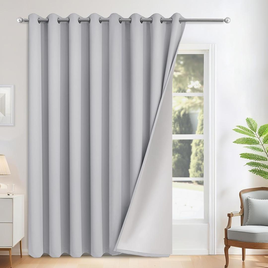 Yakamok Light Grey Room Darkening 100% Blackout Curtains Grommet Extra Wide Window Treatment with 2 Thick Layers-Grey Thermal Insulated Drape 1 Panel for Living Room Patio Door 100 by 84 Inches Length