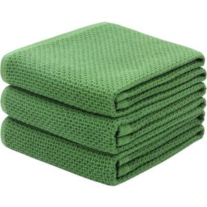 Mia'sDream Cotton Kitchen Towels and Dish Cloths Sets, Waffle Weave Dish Towels for Kitchen Drying Dishes, Soft and Absorbent Kitchen Hand Towels Washcloths, 13inch x 28inch 3 Pack (Green)