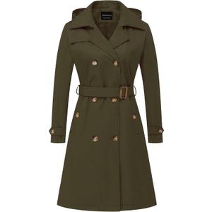 CREATMO US Women's Long Trench Coat Double-Breasted Classic Lapel Overcoat Belted Slim Outerwear Coat with Detachable Hood (Army Green), S CREATMO US Women's Long Trench Coat Double-Breasted Classic Lapel Overcoat Belted Slim Outerwear Coat with Detachable Hood (Army Green), S