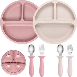 Eascrozn 2 Pack Silicone Divided Baby Plates with Suction, 2 Pack Toddler Forks and Spoons Set, BPA Free, Baby Feeding Set for Toddler Utensils, Microwave and Dishwasher Safe (Purple)