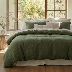 Bedsure 100% Muslin Cotton Duvet Cover Queen Size - Ultra-Soft Gauze Duvet Cover, PureWoven Breathable & Lightweight Bedding Set with Zipper Closure and Corner Ties (Olive Green, Queen, 90"x90")