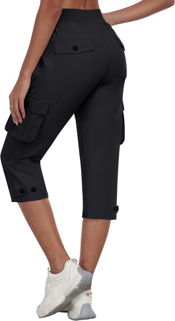 MoFiz Women's Cargo Capris Pants with Pockets Lightweight Quick Dry Travel Hiking Summer Pants for Women (Medium, Black)