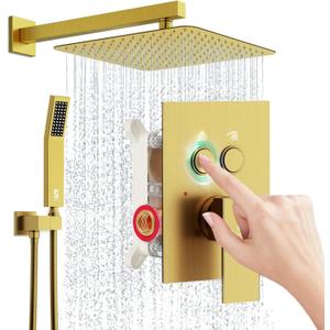 SR SUN RISE Shower System with Push Button Diverter Bathroom Luxury 12 Inch Rain Shower Head with Handheld Spray, High Pressure Shower Faucet Combo Set with Rough-in Valve & Trims, Brushed Gold