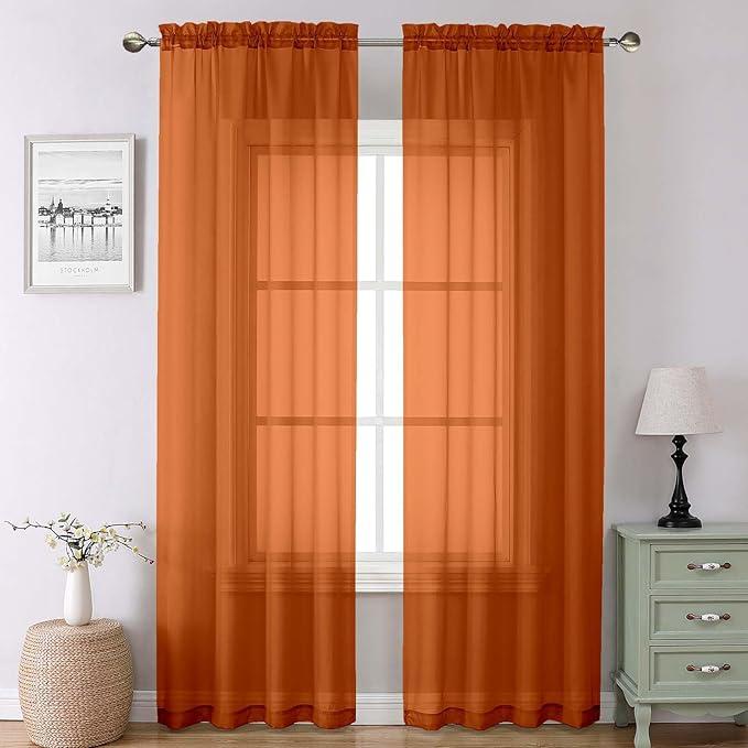 Lecloud Orange Sheer Curtains 90 Inches Long 2 Panels, Light Filtering Voile Airy Curtains, Balance Light Privacy Window Treatments with Rod Pocket for Bedroom Living Room, Each 42" W x 90" L